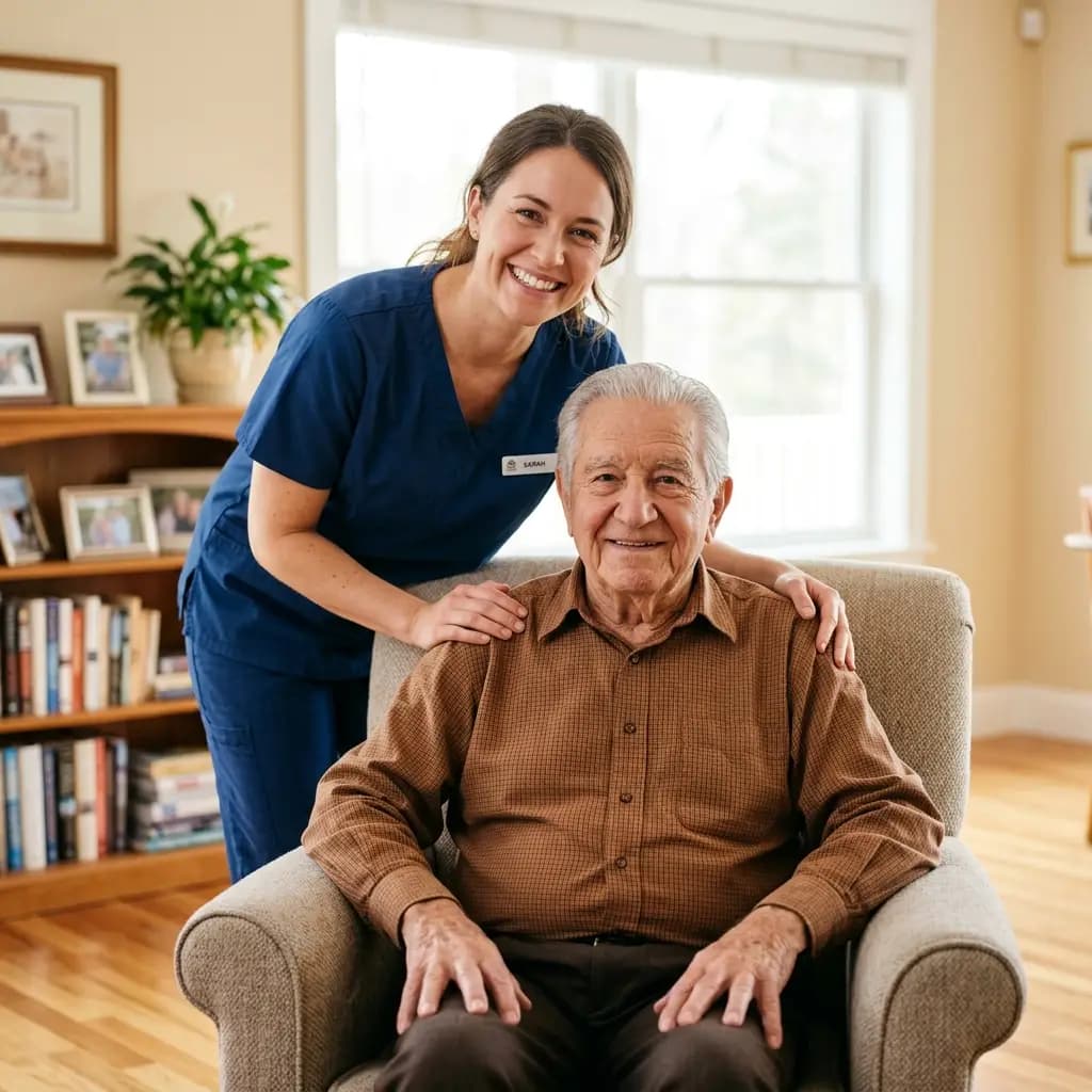 Compassionate respite caregiver supporting a senior