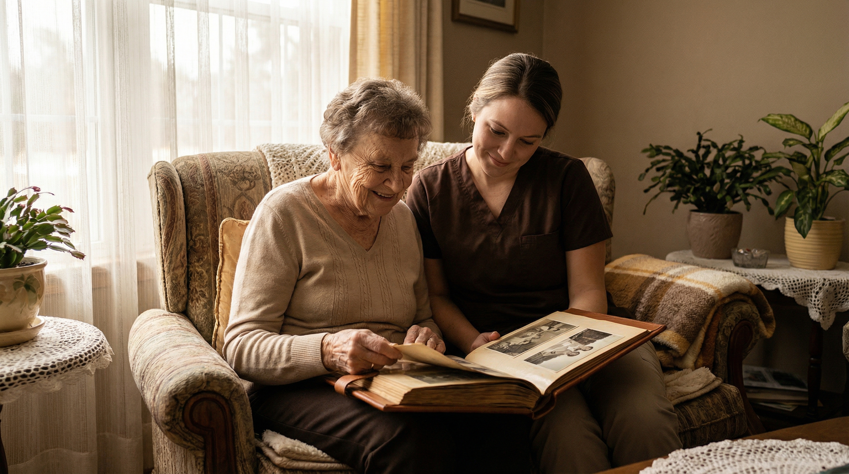 Trained dementia care specialist providing compassionate respite care to elderly person with Alzheimer's
