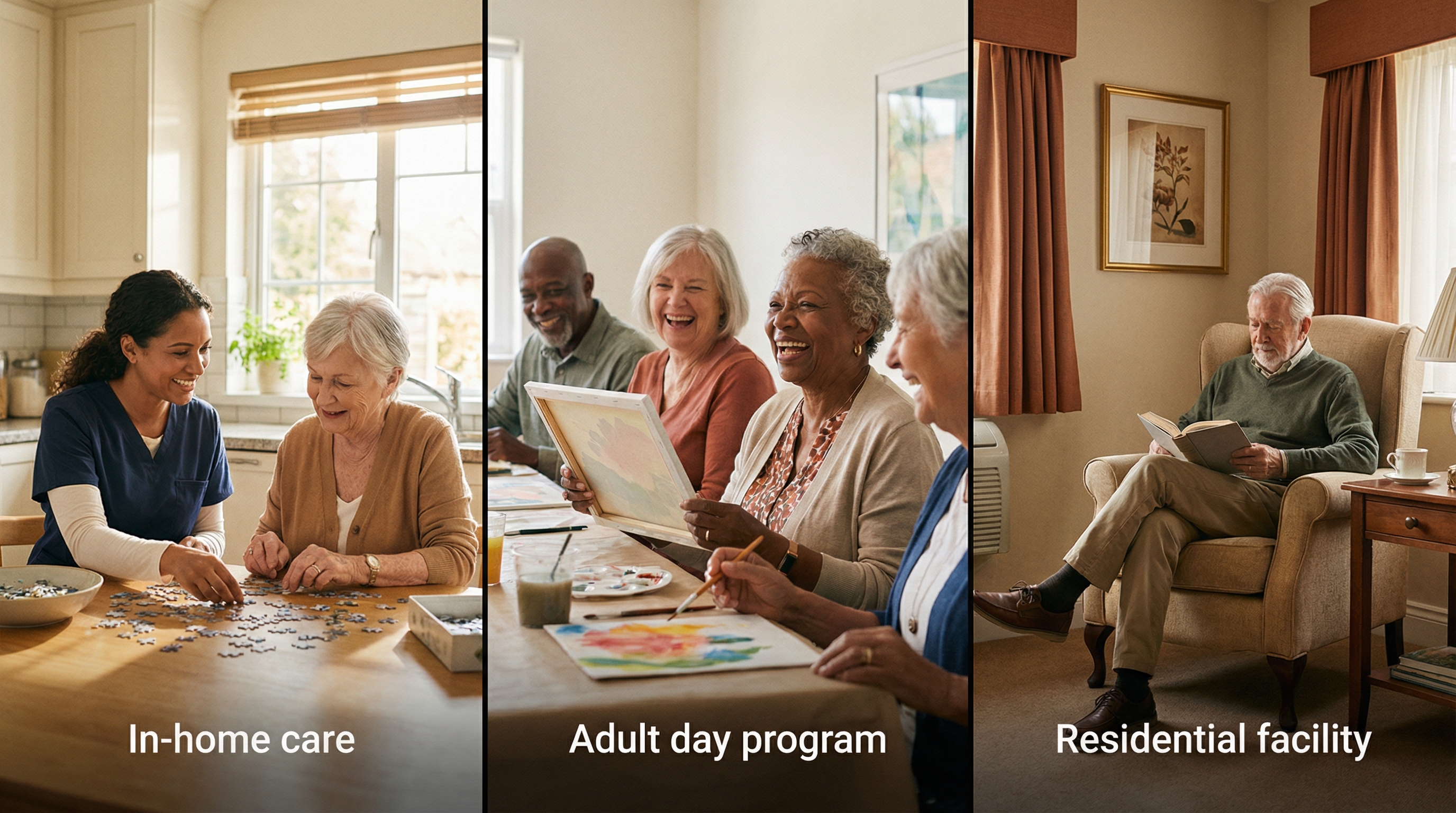Comparison of different respite care settings including in-home care, day programs, and residential facilities