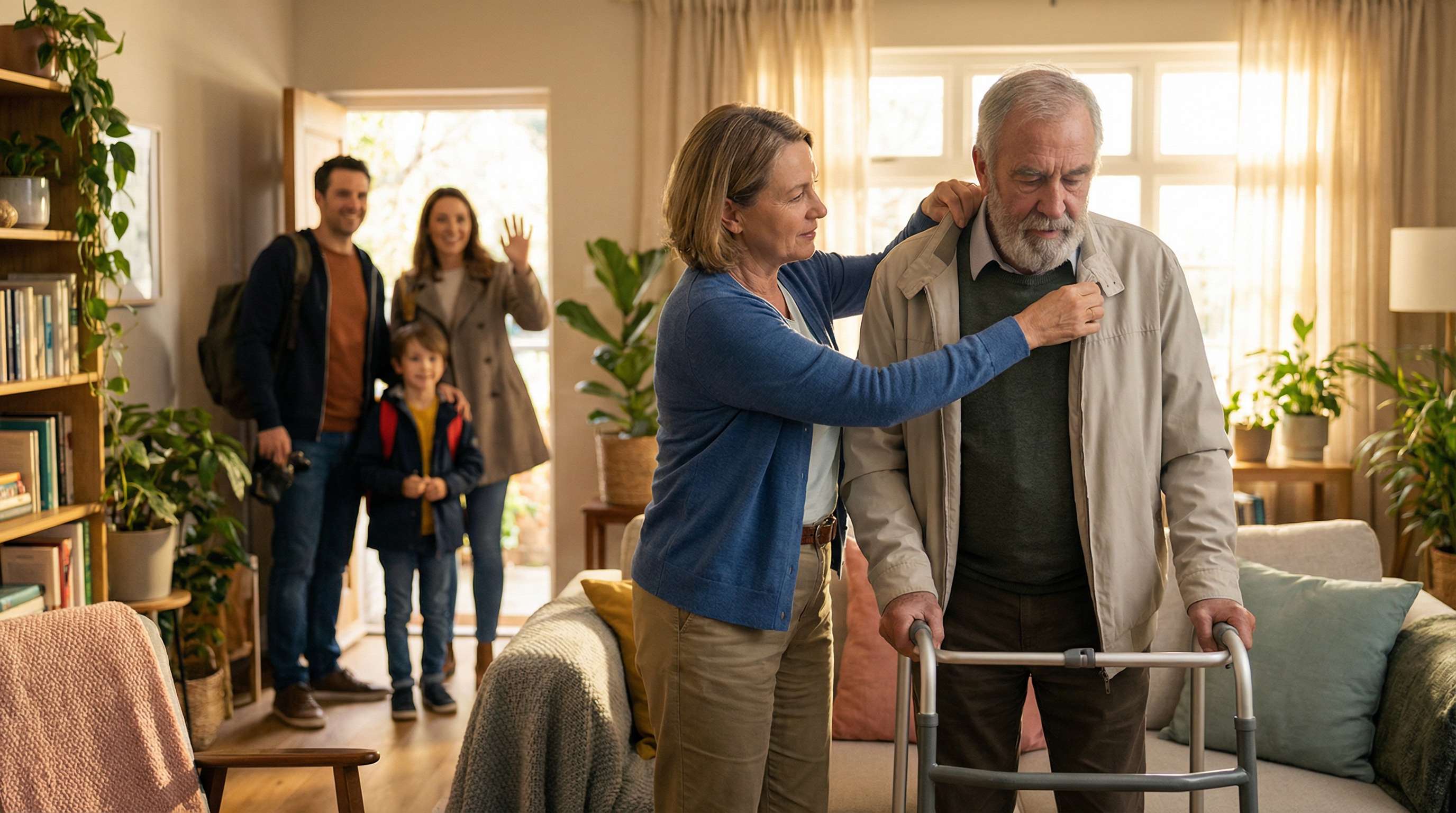 Professional caregiver providing respite care services to elderly man while family takes a break